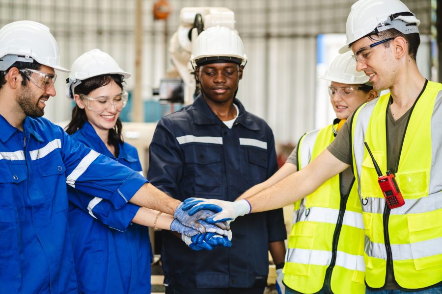 Professional engineer team full skill quality for maintenance service and training in industry worker, warehouse workshop for mechanical engineering factory operators, machinery production teamwork